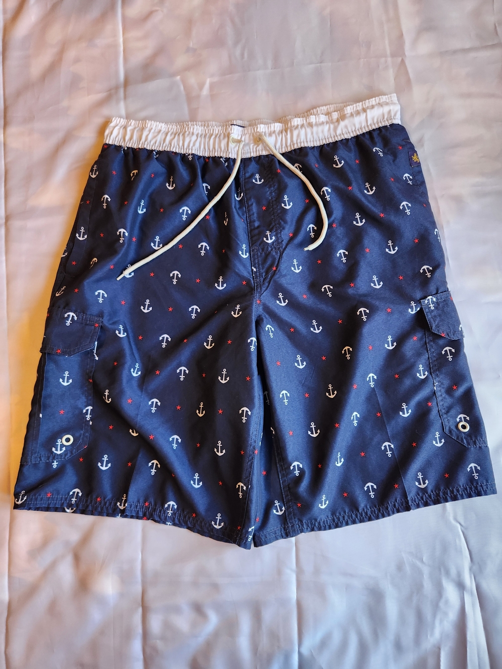 Navy Anchor-Print Board Shorts with White Waistband